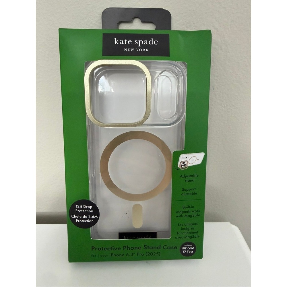 Kate Spade Phone Case iPhone 17 Pro 6.3 Clear Gold MagSafe Stand NEW NWT